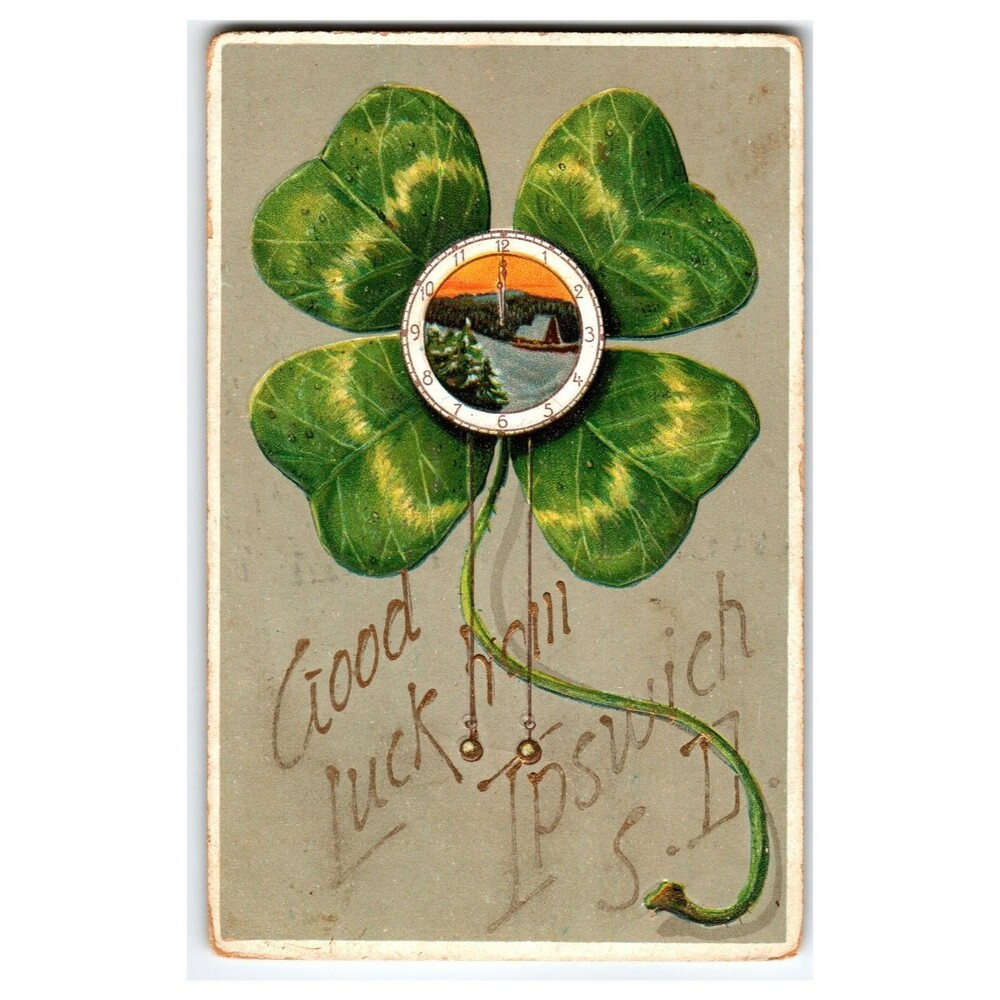 Good Luck Ipswich SD 1910 Clover Clock Winter Scene Postcard